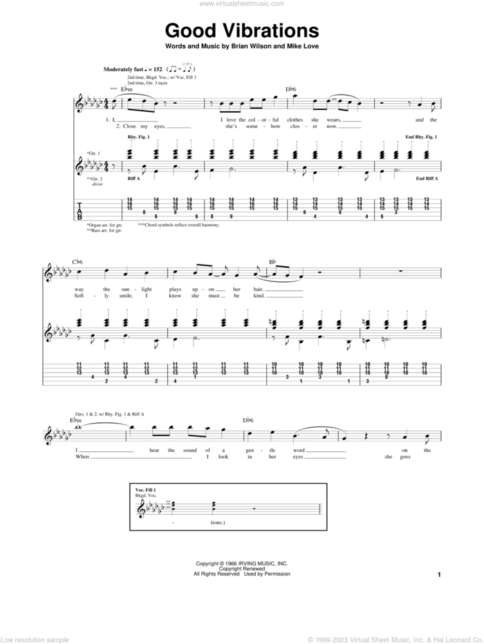 Good Vibrations sheet music for guitar (tablature) by The Beach Boys, Brian Wilson and Mike Love, intermediate skill level