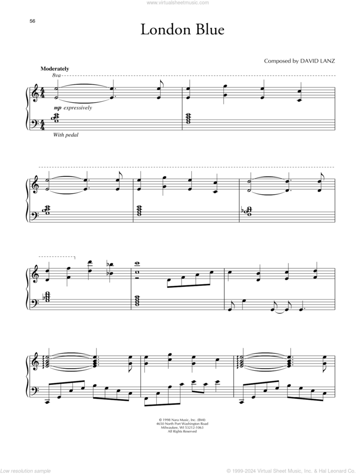 London Blue, (intermediate) sheet music for piano solo by David Lanz, intermediate skill level