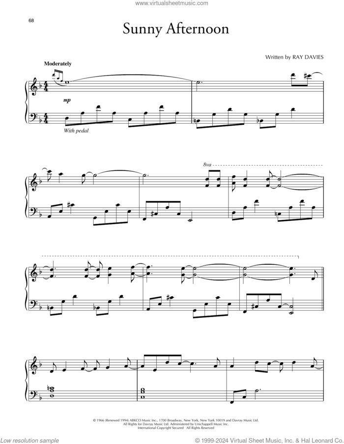 Sunny Afternoon sheet music for piano solo by David Lanz, The Kinks and Ray Davies, intermediate skill level