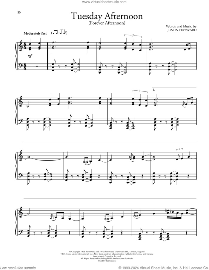 Tuesday Afternoon (Forever Afternoon) sheet music for piano solo by David Lanz, The Moody Blues and Justin Hayward, intermediate skill level