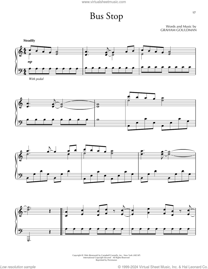 Bus Stop sheet music for piano solo by David Lanz, The Hollies and Graham Gouldman, intermediate skill level