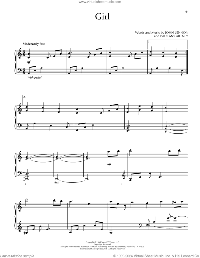 Girl sheet music for piano solo by David Lanz, The Beatles, John Lennon and Paul McCartney, intermediate skill level