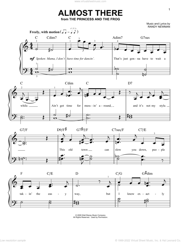 Almost There sheet music for piano solo by Anika Noni Rose, The Princess And The Frog (Movie) and Randy Newman, easy skill level