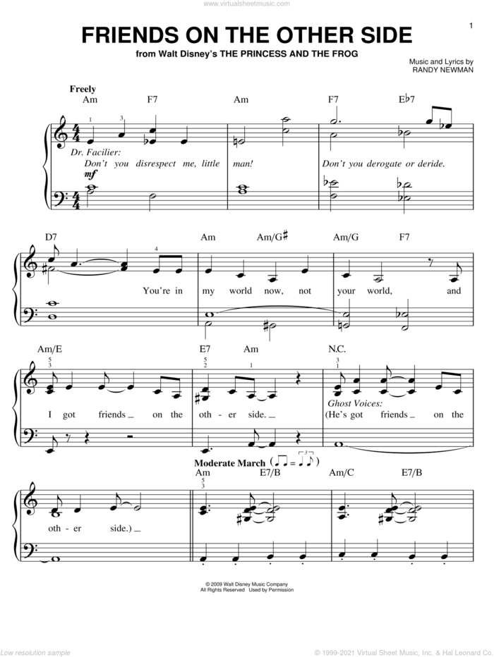 Friends On The Other Side sheet music for piano solo by Keith David, The Princess And The Frog (Movie) and Randy Newman, easy skill level