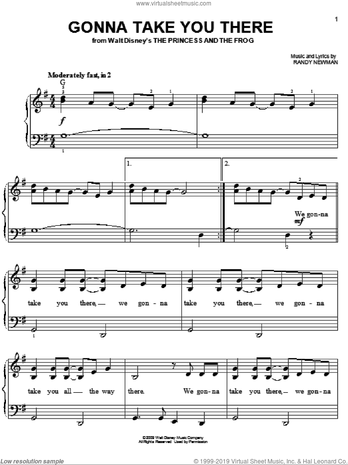 Gonna Take You There sheet music for piano solo by Jim Cummings, The Princess And The Frog (Movie) and Randy Newman, easy skill level