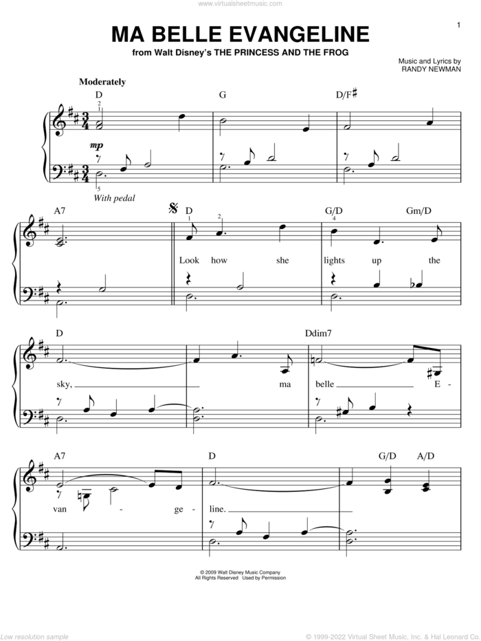 Ma Belle Evangeline sheet music for piano solo by Jim Cummings, The Princess And The Frog (Movie) and Randy Newman, easy skill level