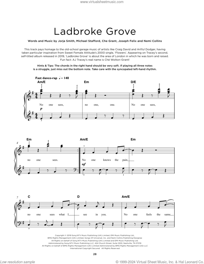 Ladbroke Grove sheet music for piano solo by AJ Tracey, Che Grant, Jorja Smith, Joseph Felix, Michael Stafford and Nemi Collins, beginner skill level