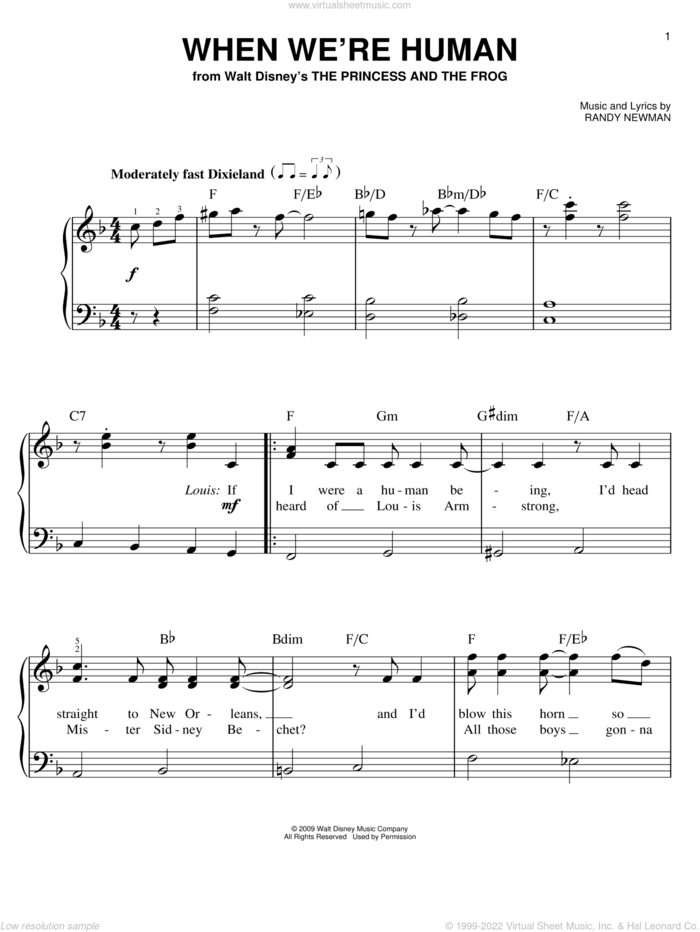 When We're Human sheet music for piano solo by Anika Noni Rose, The Princess And The Frog (Movie) and Randy Newman, easy skill level