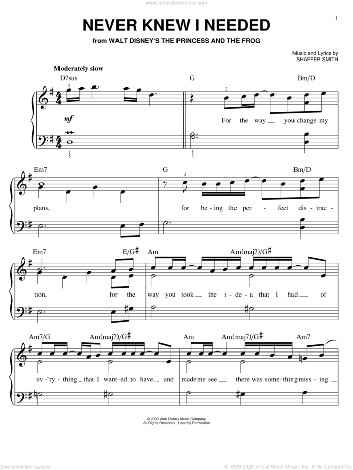 Never Knew I Needed sheet music for piano solo by Ne-Yo, The Princess And The Frog (Movie) and Shaffer Smith, easy skill level