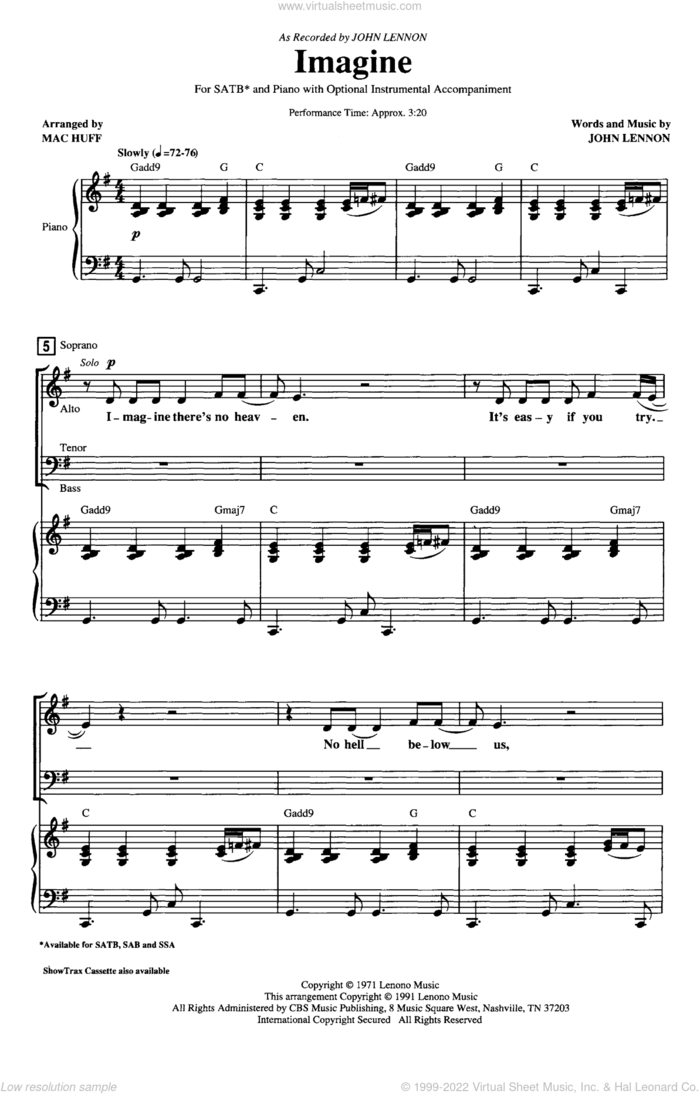 Imagine (arr. Mac Huff) sheet music for choir (SATB: soprano, alto, tenor, bass) by John Lennon and Mac Huff, intermediate skill level