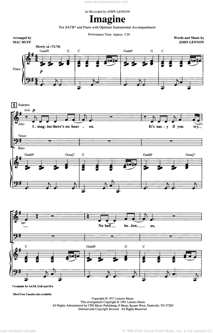 Imagine (arr. Mac Huff) sheet music for choir (SATB: soprano, alto, tenor, bass) by John Lennon and Mac Huff, intermediate skill level