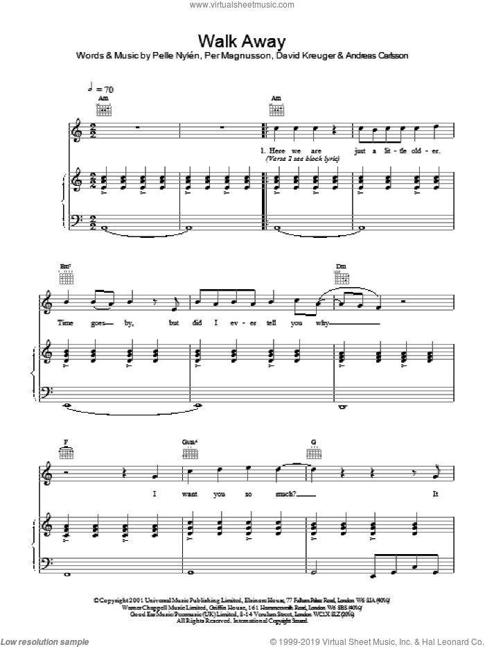 Walk Away sheet music for voice, piano or guitar by Pelle Nylen, Westlife and Pelle NylAAn, intermediate skill level
