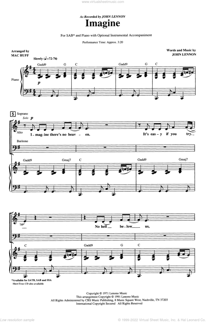 Imagine (arr. Mac Huff) sheet music for choir (SAB: soprano, alto, bass) by John Lennon and Mac Huff, intermediate skill level