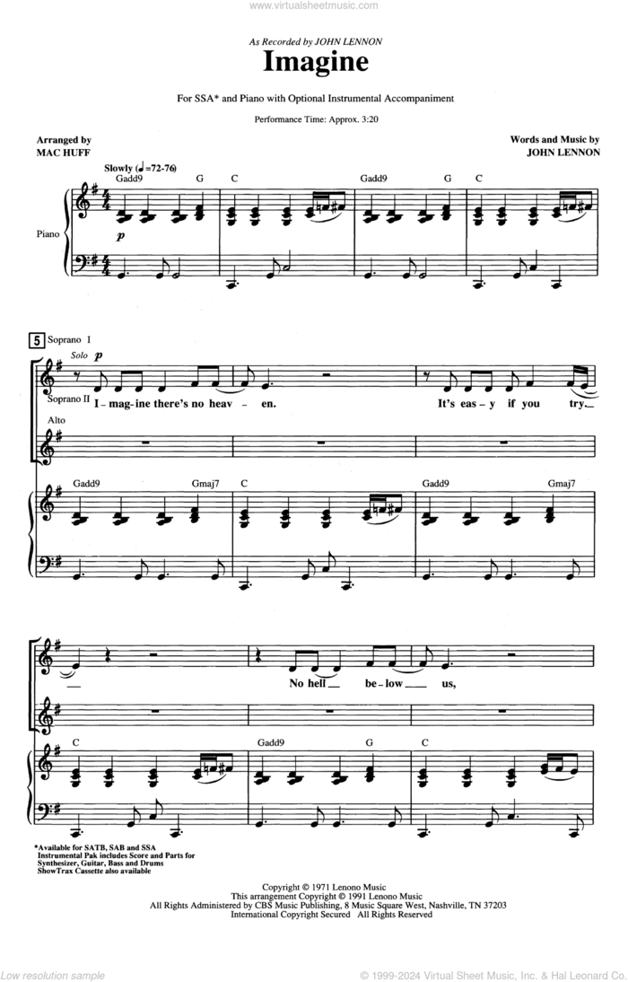 Imagine (arr. Mac Huff) sheet music for choir (SSA: soprano, alto) by John Lennon and Mac Huff, intermediate skill level