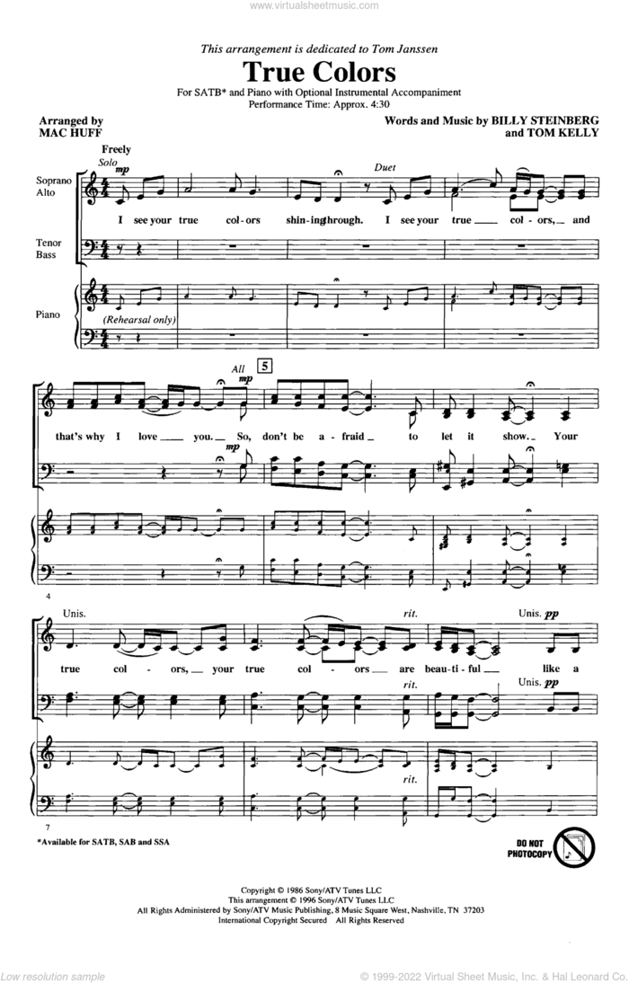 True Colors (arr. Mac Huff) sheet music for choir (SATB: soprano, alto, tenor, bass) by Billy Steinberg, Tom Kelly, Cyndi Lauper, Mac Huff and Phil Collins, intermediate skill level