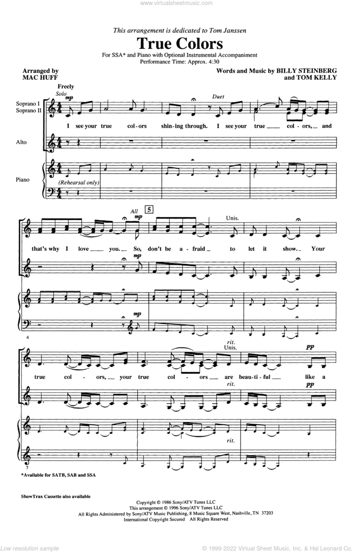 True Colors (arr. Mac Huff) sheet music for choir (SSA: soprano, alto) by Billy Steinberg, Tom Kelly, Cyndi Lauper, Mac Huff and Phil Collins, intermediate skill level