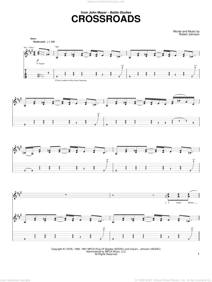 Cross Road Blues (Crossroads) sheet music for guitar (tablature) by John Mayer and Robert Johnson, intermediate skill level