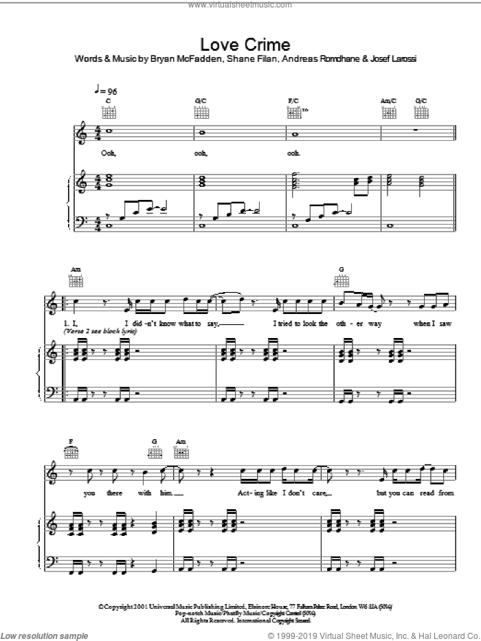Love Crime sheet music for voice, piano or guitar by Westlife and Brian McFadden, intermediate skill level