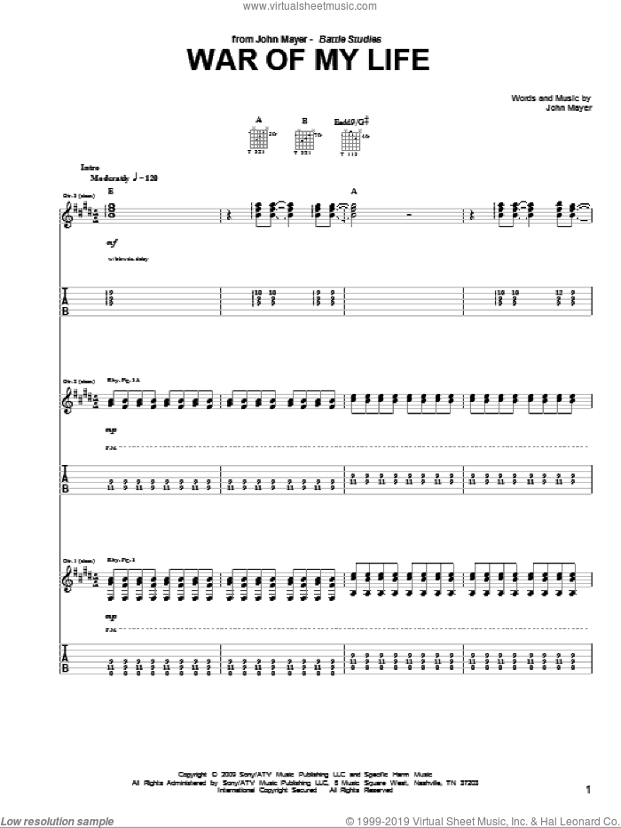 War Of My Life sheet music for guitar (tablature) by John Mayer, intermediate skill level