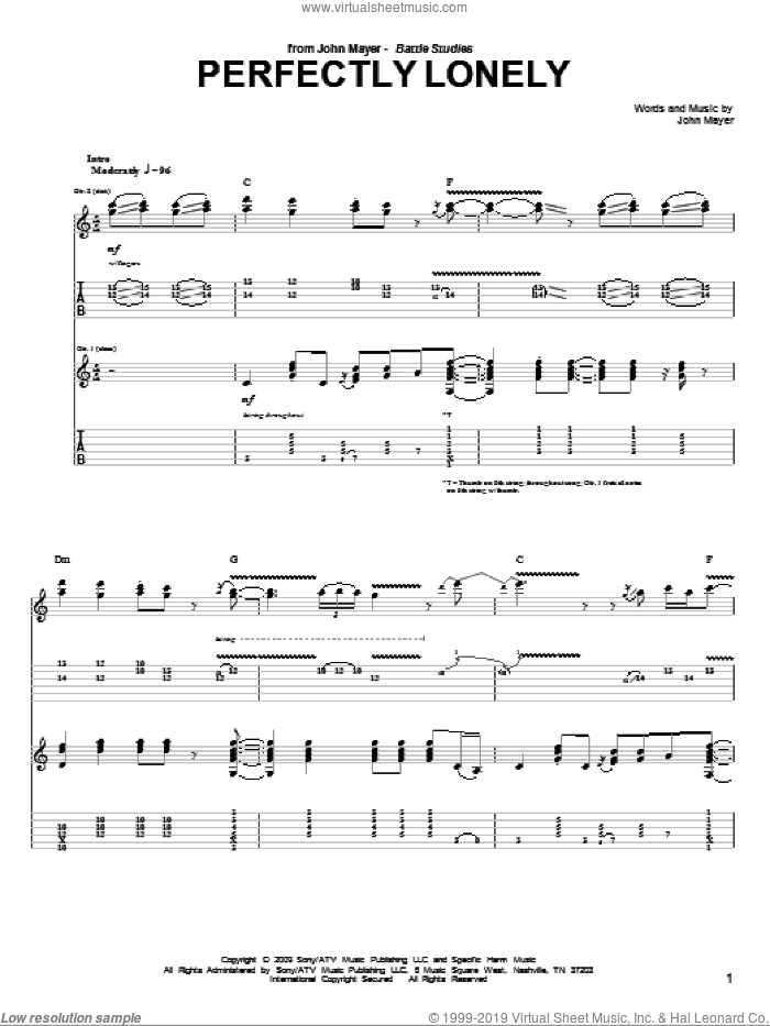 Perfectly Lonely sheet music for guitar (tablature) by John Mayer, intermediate skill level