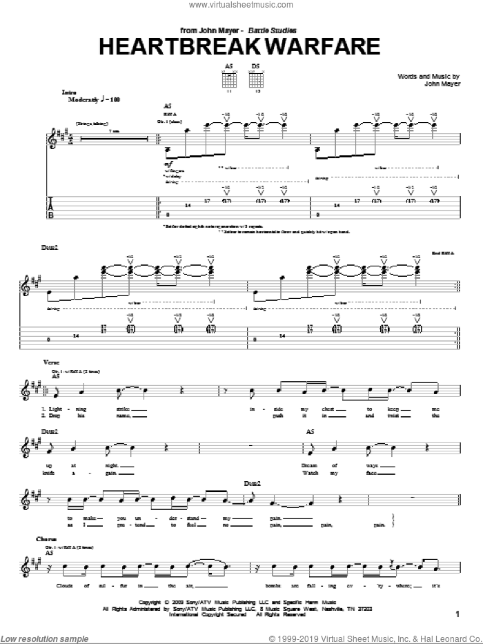 Heartbreak Warfare sheet music for guitar (tablature) by John Mayer, intermediate skill level