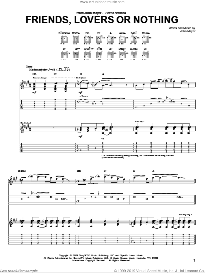 Friends, Lovers Or Nothing sheet music for guitar (tablature) by John Mayer, intermediate skill level