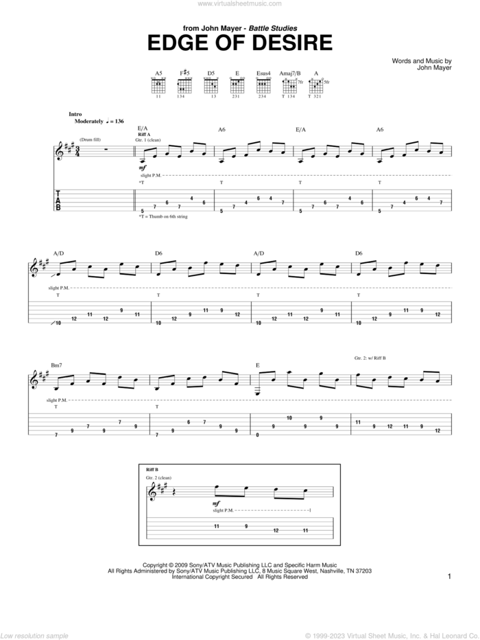 Edge Of Desire sheet music for guitar (tablature) by John Mayer, intermediate skill level