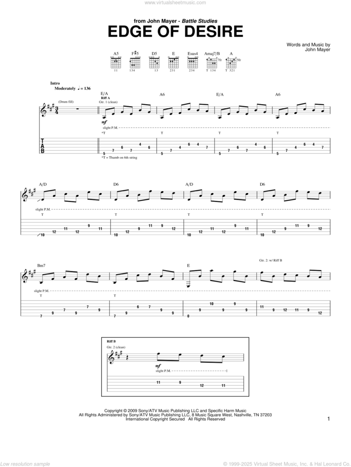 Edge Of Desire sheet music for guitar (tablature) by John Mayer, intermediate skill level