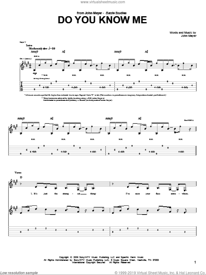 Do You Know Me sheet music for guitar (tablature) by John Mayer, intermediate skill level