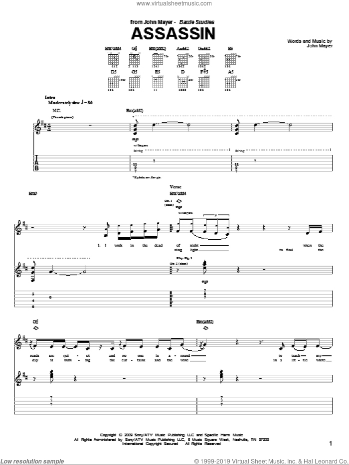 Assassin sheet music for guitar (tablature) by John Mayer, intermediate skill level