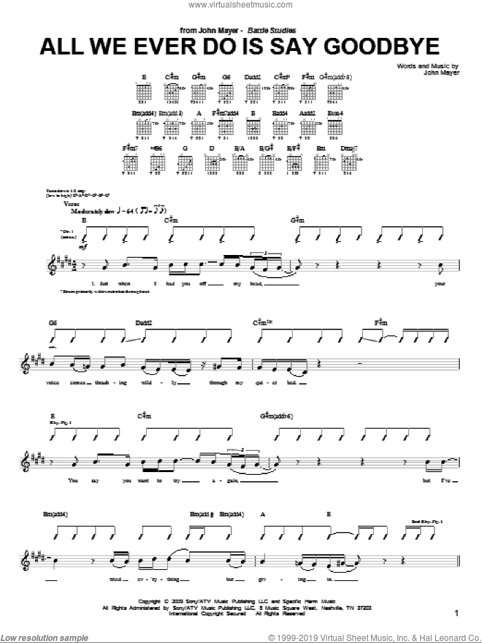 All We Ever Do Is Say Goodbye sheet music for guitar (tablature) by John Mayer, intermediate skill level