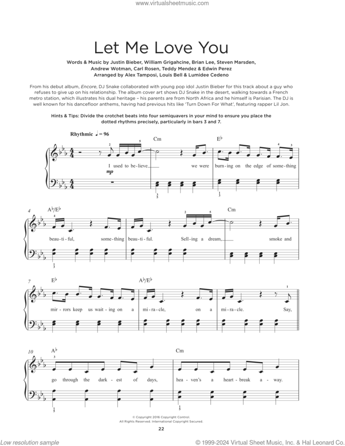 Let Me Love You sheet music for piano solo by DJ Snake Feat. Justin Bieber, Alexandra Tamposi, Andrew Wotman, Brian Lee, Carl Rosen, Justin Bieber, Louis Bell and William Grigahcine, beginner skill level