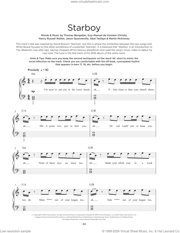 Starboy sheet music for piano solo by The Weeknd feat. Daft Punk, Abel Tesfaye, Guy-Manuel de Homem-Christo, Henry Russell Walter, Jason Quenneville, Martin McKinney and Thomas Bangalter, beginner skill level