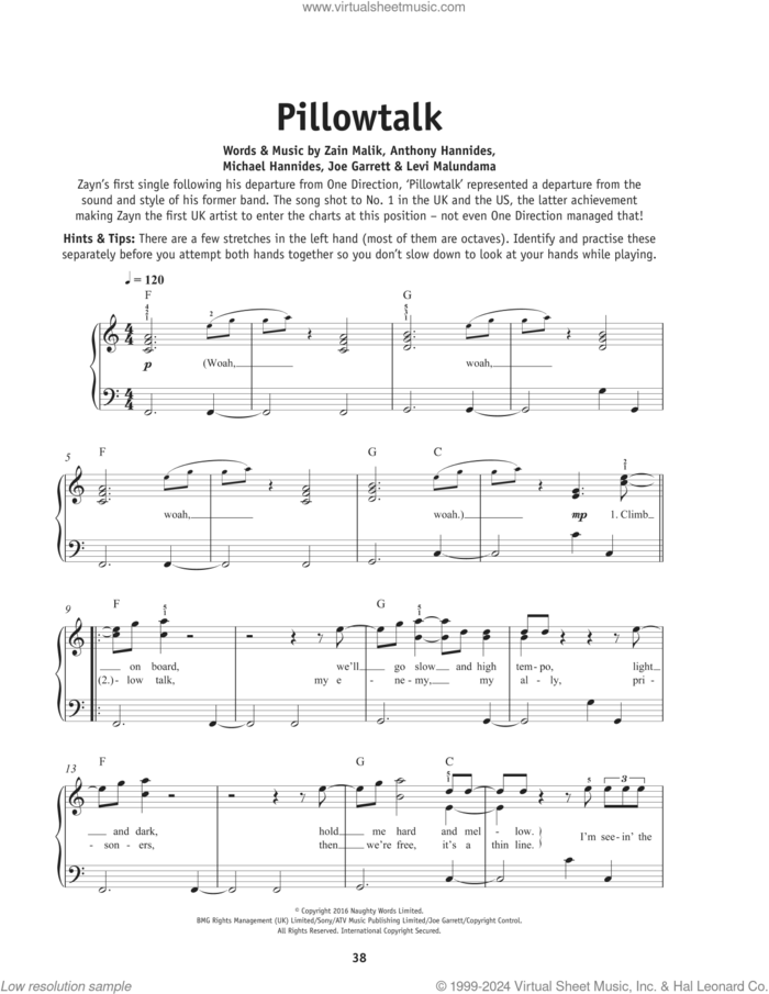 Pillowtalk, (beginner) sheet music for piano solo by Zayn, Anthony Hannides, Joe Garrett, Levi Lennox, Michael Hannides and Zayn Malik, beginner skill level