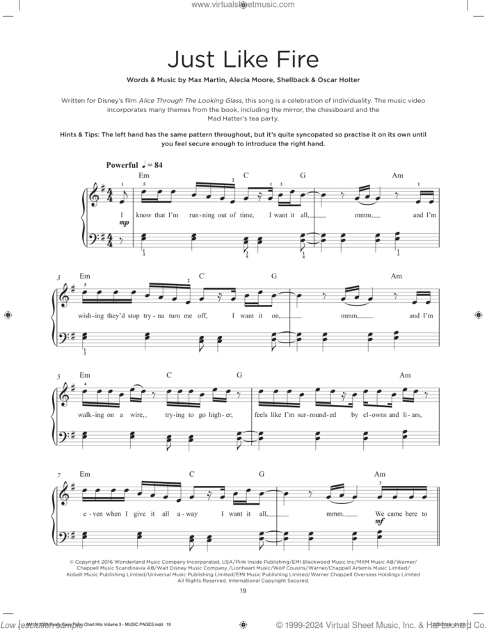 Just Like Fire (from Alice Through The Looking Glass) sheet music for piano solo by P!nk, Alecia Moore, Johan Schuster, Max Martin, Oscar Holter and Shellback, beginner skill level