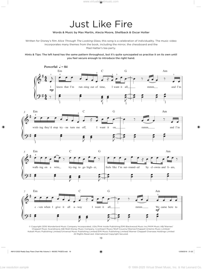 Just Like Fire (from Alice Through The Looking Glass) sheet music for piano solo by P!nk, Alecia Moore, Johan Schuster, Max Martin, Oscar Holter and Shellback, beginner skill level