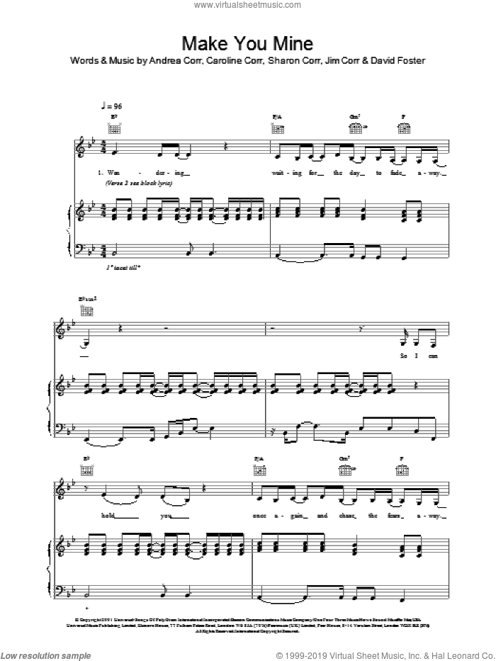 Make You Mine sheet music for voice, piano or guitar by Andrea Corr, The Corrs, Caroline Corr and Sharon Corr, intermediate skill level