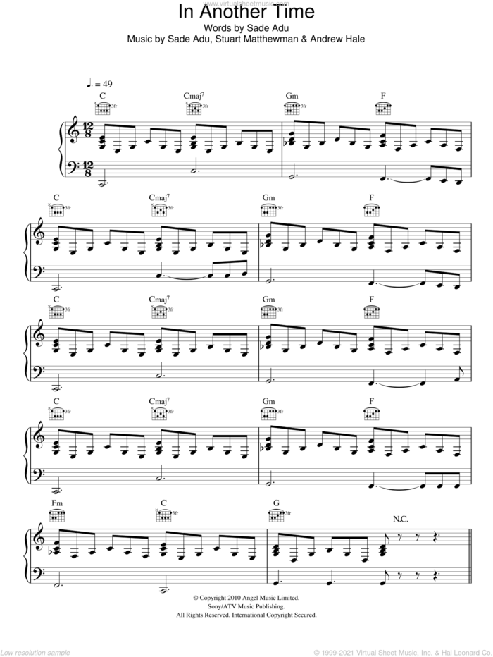 In Another Time sheet music for voice, piano or guitar by Sade, Andrew Hale and Stuart Matthewman, intermediate skill level