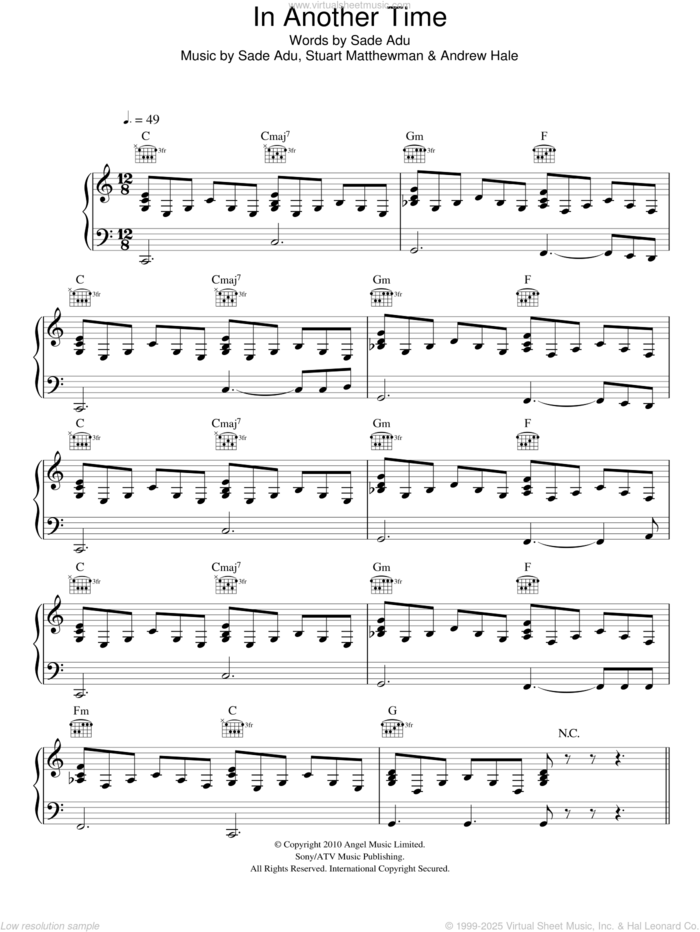 In Another Time sheet music for voice, piano or guitar by Sade, Andrew Hale and Stuart Matthewman, intermediate skill level