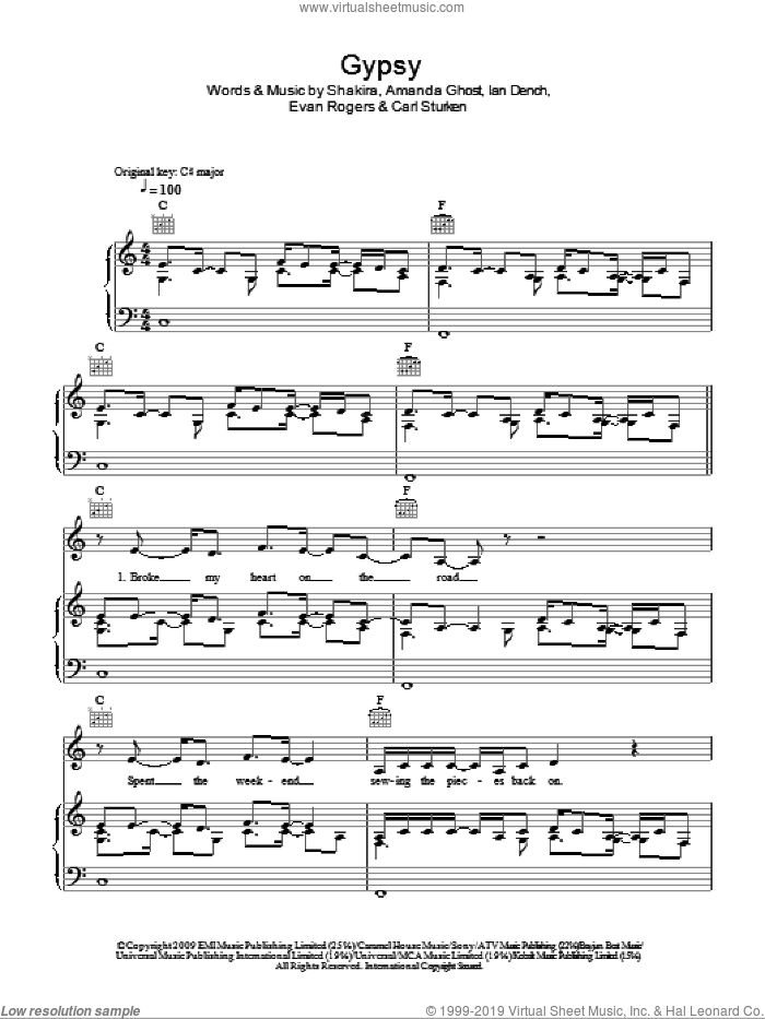 Gypsy sheet music for voice, piano or guitar by Shakira, Amanda Ghost, Carl Sturken, Evan Rogers and Ian Dench, intermediate skill level