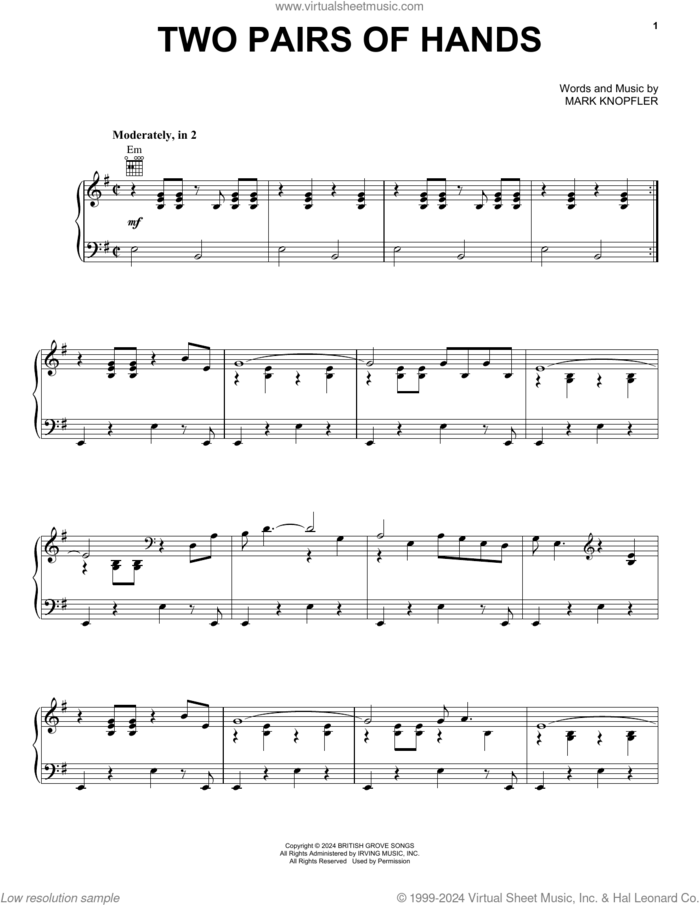 Two Pairs Of Hands sheet music for voice, piano or guitar by Mark Knopfler, intermediate skill level