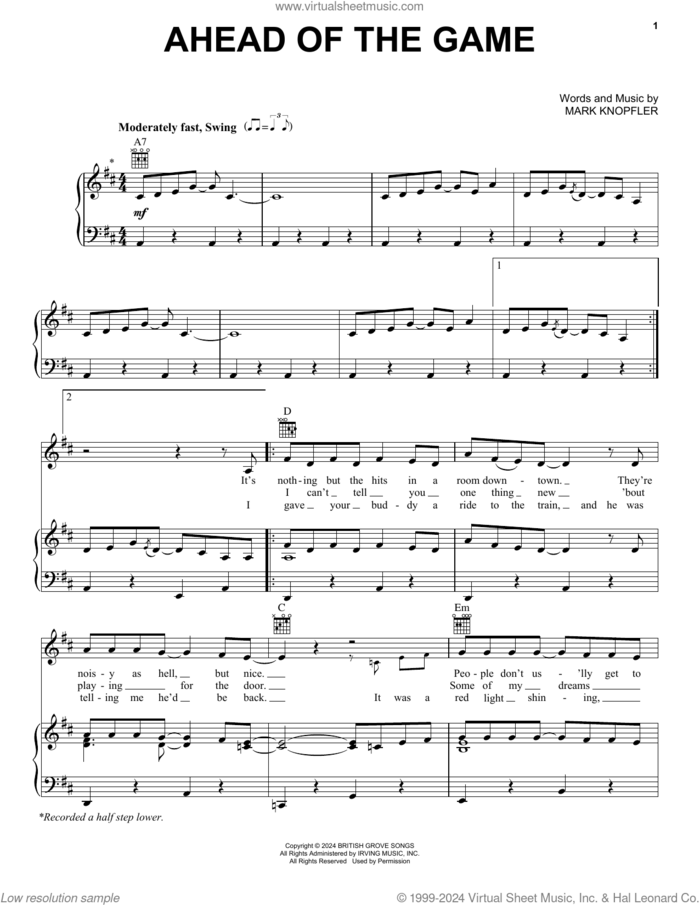 Ahead Of The Game sheet music for voice, piano or guitar by Mark Knopfler, intermediate skill level