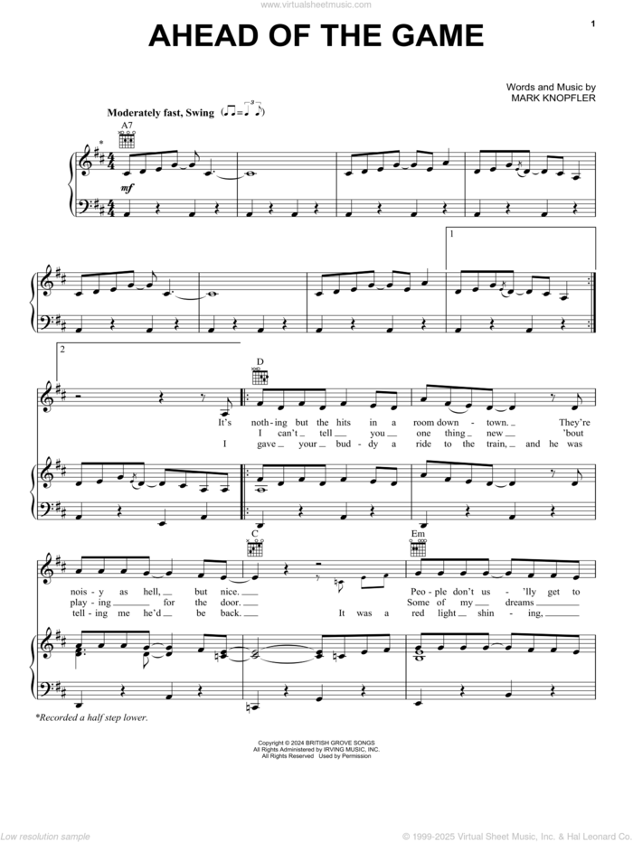 Ahead Of The Game sheet music for voice, piano or guitar by Mark Knopfler, intermediate skill level