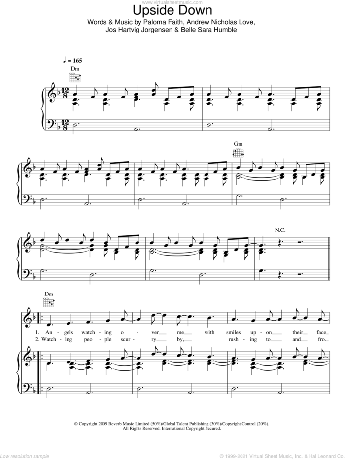 Upside Down sheet music for voice, piano or guitar by Paloma Faith, Andrew Nicholas Love, Belle Sara Humble and Jos Hartvig Jorgensen, intermediate skill level