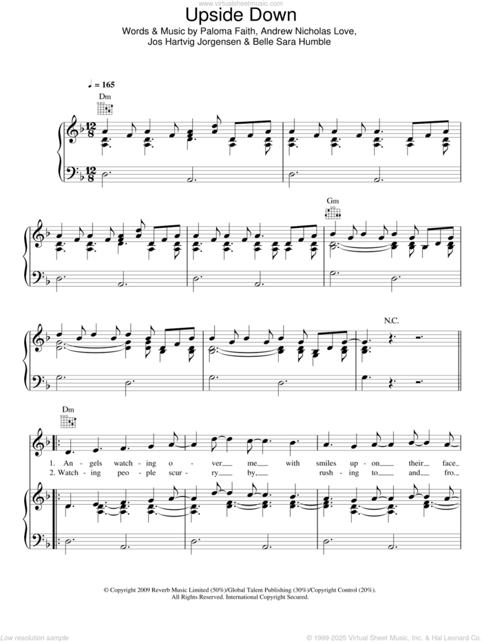 Upside Down sheet music for voice, piano or guitar by Paloma Faith, Andrew Nicholas Love, Belle Sara Humble and Jos Hartvig Jorgensen, intermediate skill level