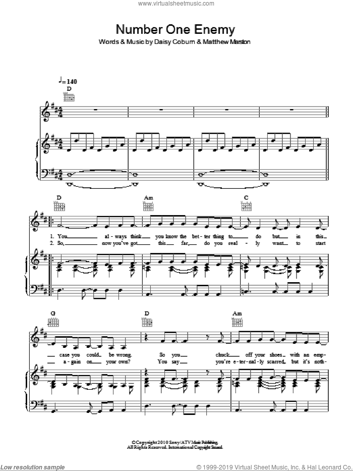 Number One Enemy sheet music for voice, piano or guitar by Daisy Dares You, Daisy Coburn and Matthew Marston, intermediate skill level
