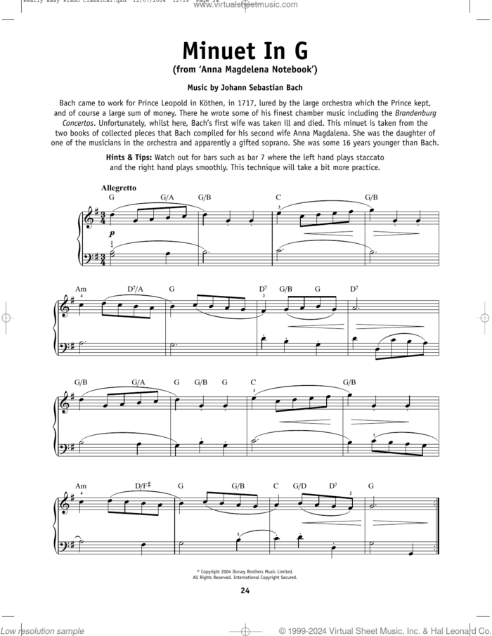 Minuet In G Major, BWV Anh. 114 sheet music for piano solo by Christian Petzold, classical score, beginner skill level