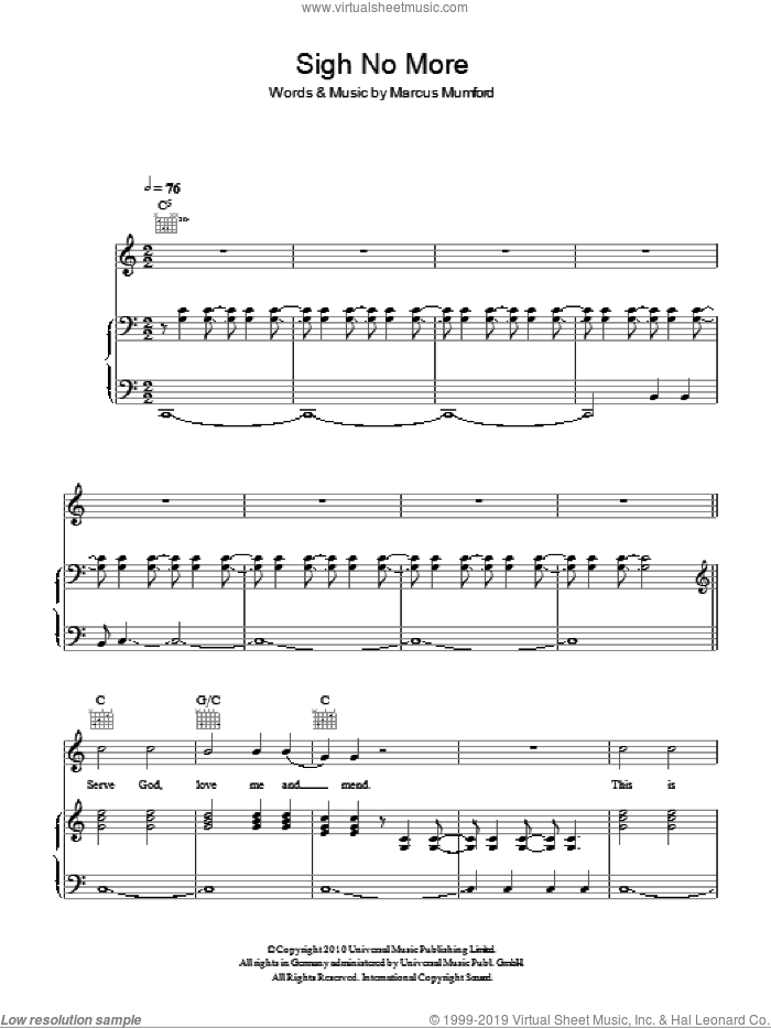 Sigh No More sheet music for voice, piano or guitar by Mumford & Sons and Marcus Mumford, intermediate skill level