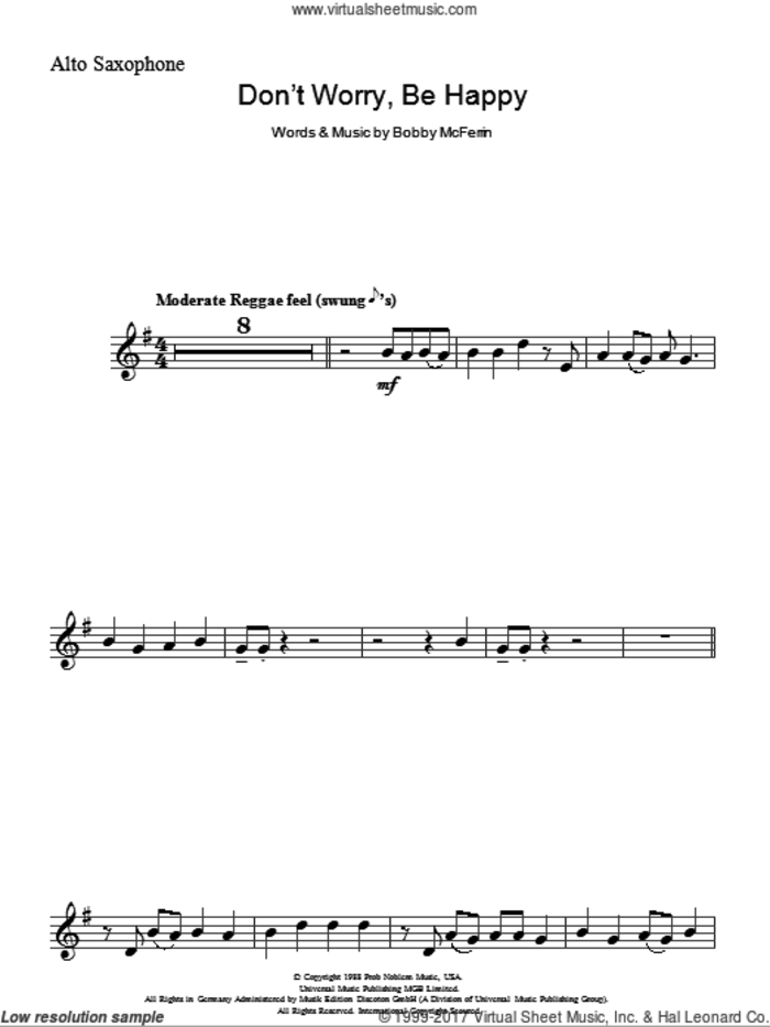 Don't Worry, Be Happy sheet music for alto saxophone solo by Bobby McFerrin, intermediate skill level