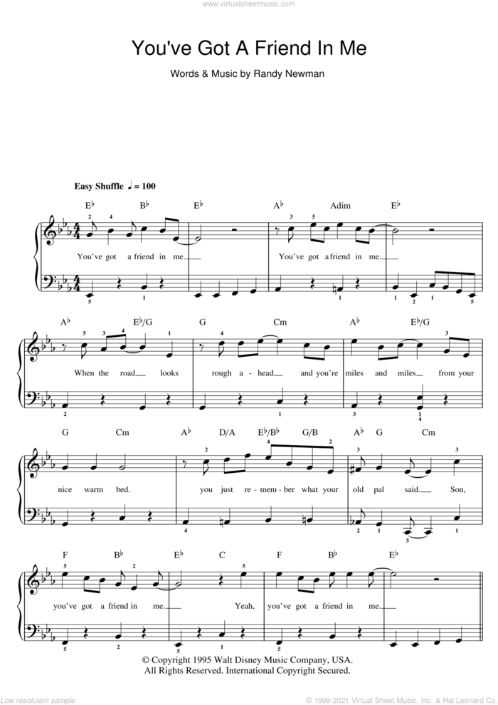 You've Got A Friend In Me (from Toy Story) sheet music for piano solo (beginners) by Randy Newman and Toy Story (Movie), beginner piano (beginners)